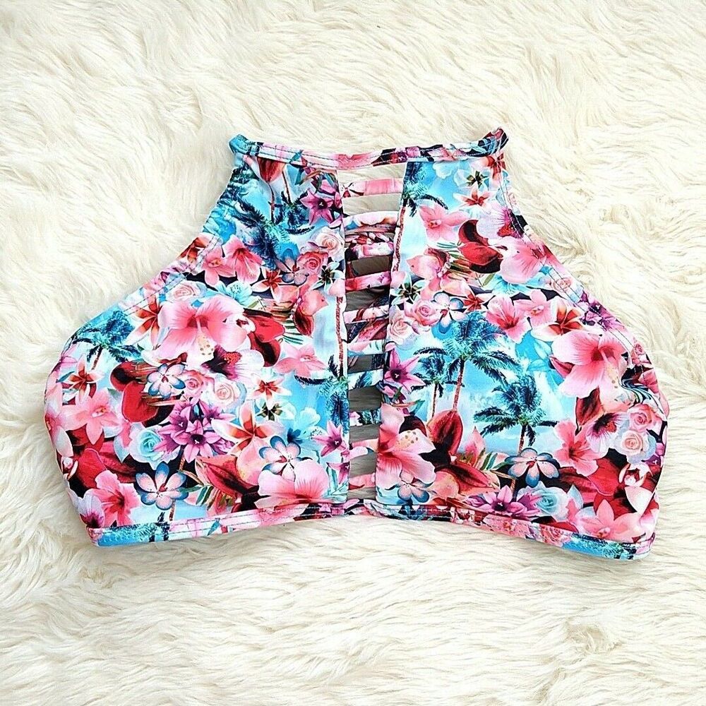 💥5/$25 Catalina sz S Swim Bikini Top Blue Pink Floral Halter Strappy Back Tie